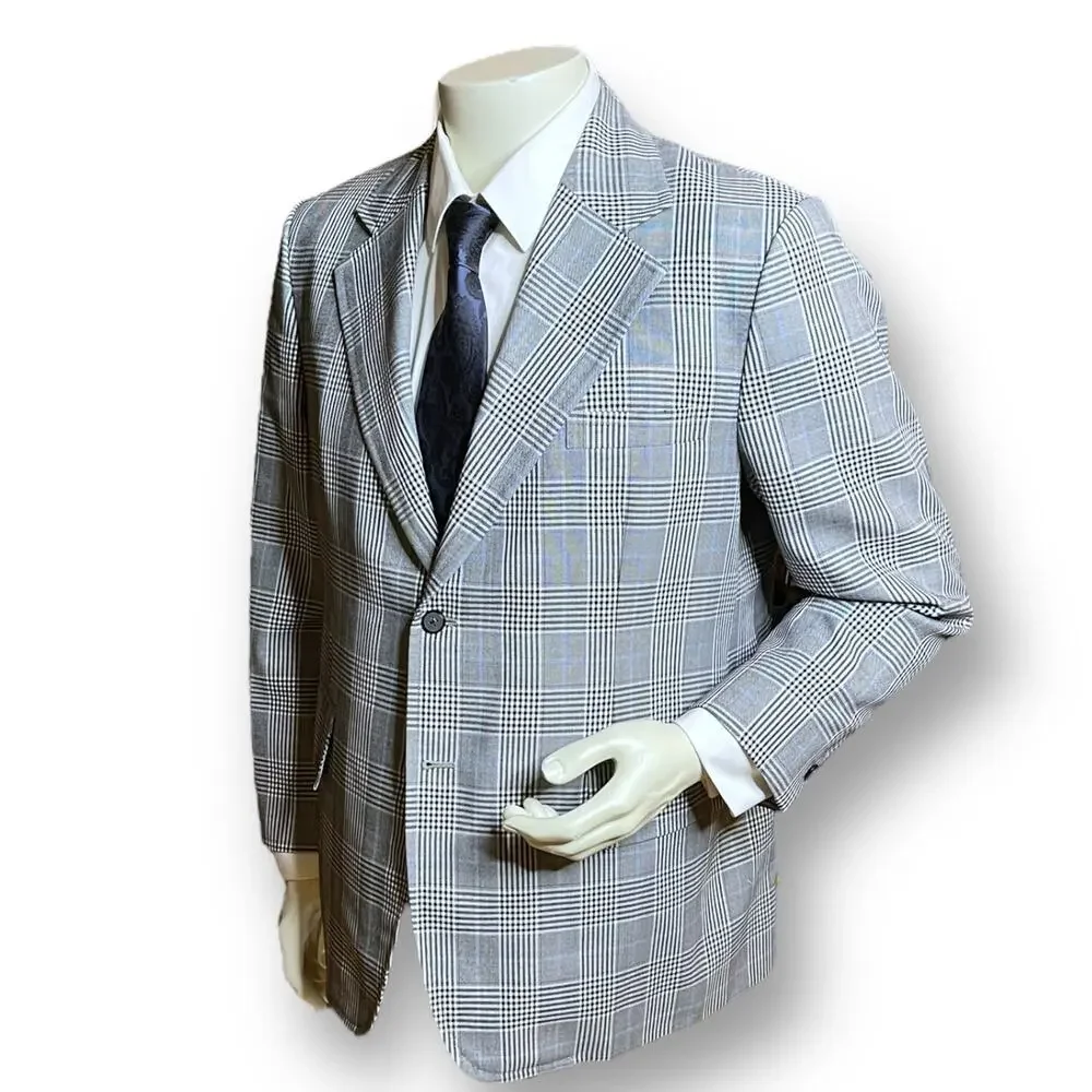 VTG Tailored Sport Coat Blazer Mens Glen Plaid Blue Gray Black White Custom 44R